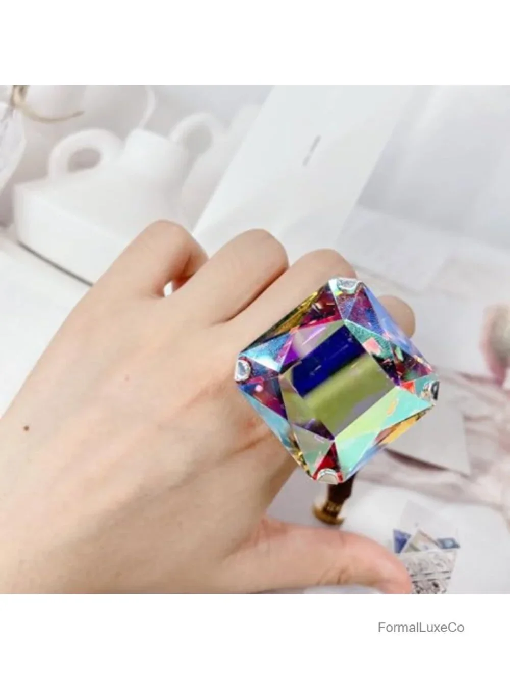 Large Square Rhinestone Statement Ring Women Chunky Geometric Crystal Open